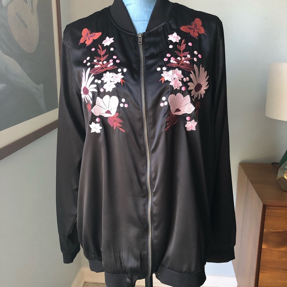 Xhilaration Black Satin Bomber Jacket L NWOT